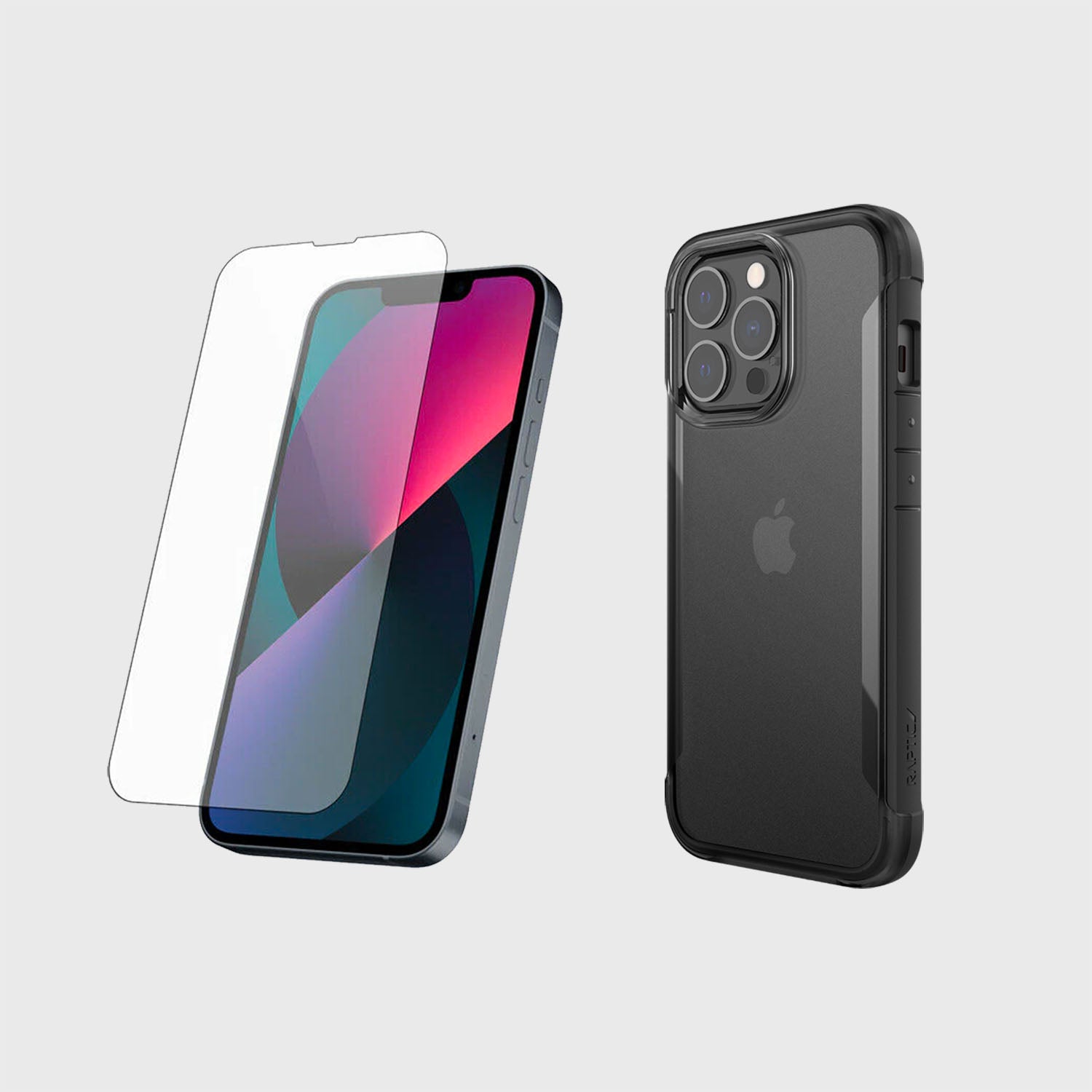 A black iPhone 11 case with a Raptic Full Coverage Glass Protector.
