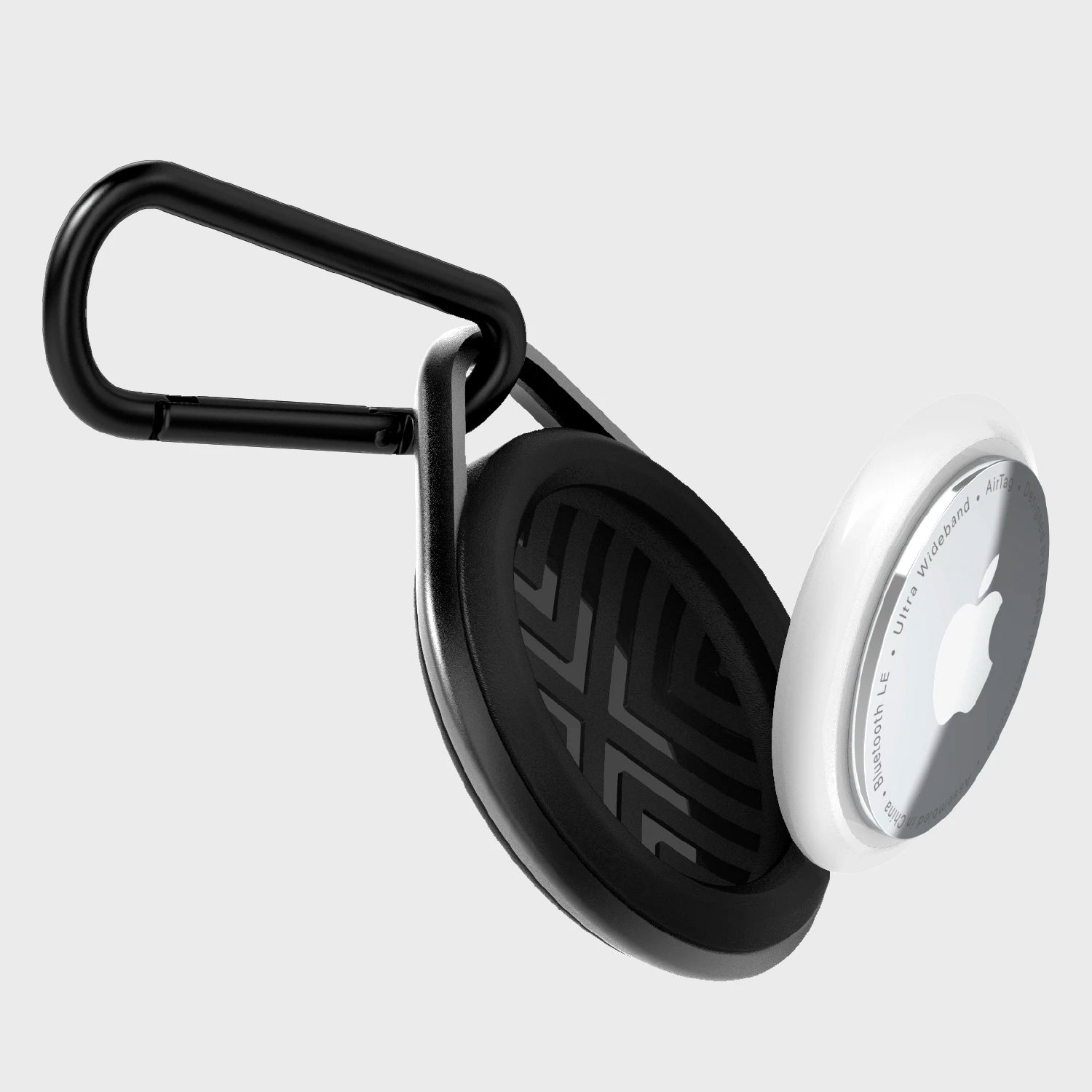 A black and white phone holder with an Apple AirTag Case - LINK from Raptic, equipped with a carabiner for easy attachment.