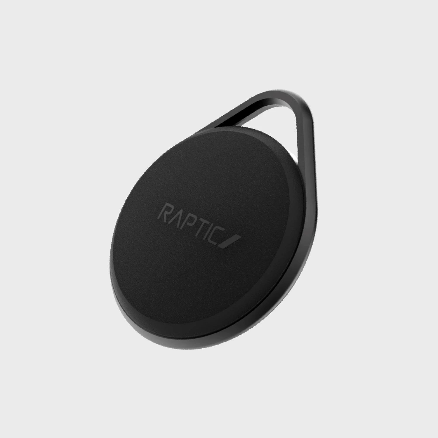 A black Apple AirTag Case - LINK with the word Raptic on it.