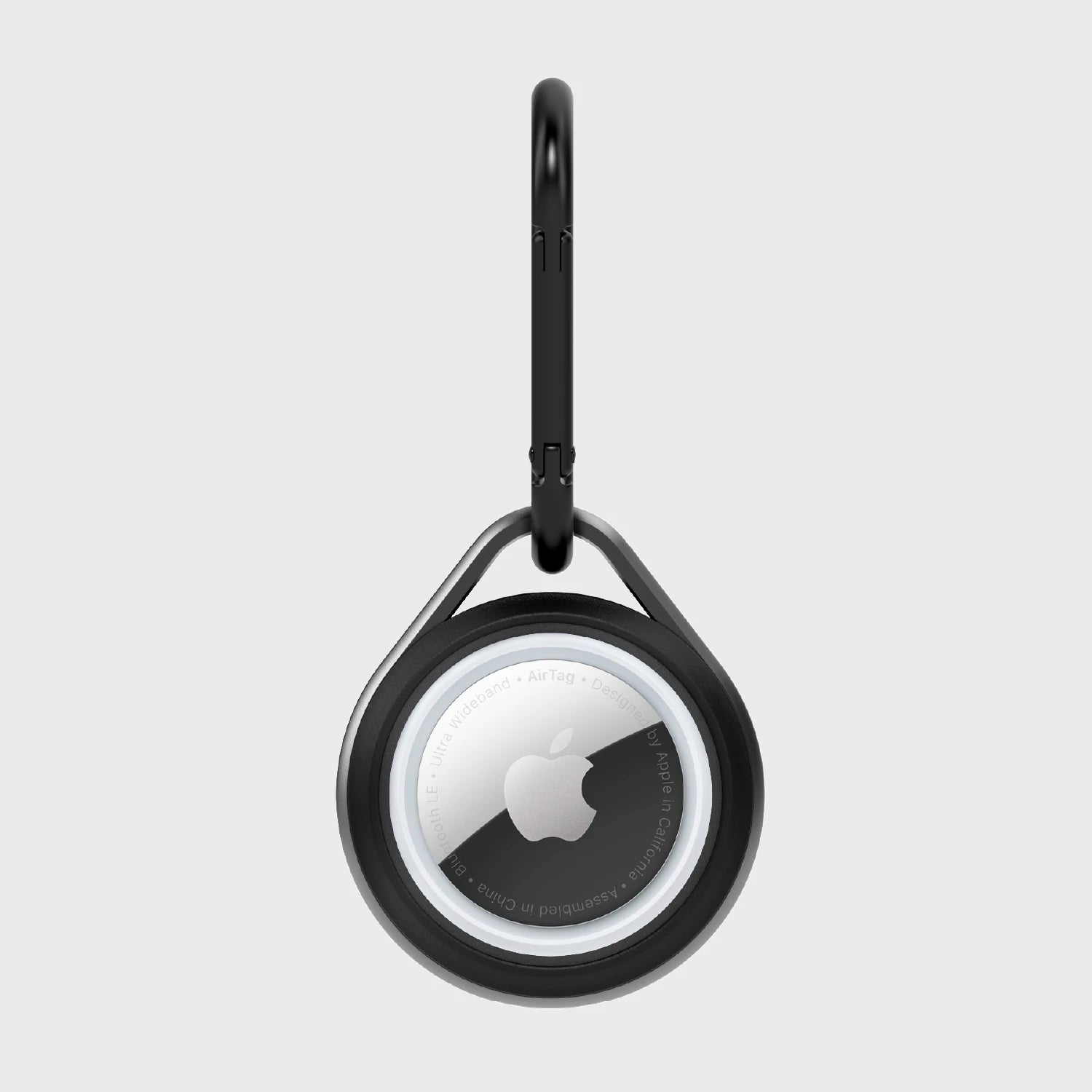 A black and white Raptic Apple AirTag Case - LINK with a carabiner accessory on a white background.