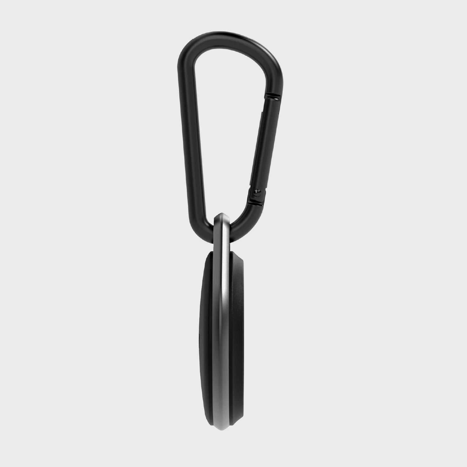 A black carabiner attached to the Apple AirTag Case - LINK by Raptic on a white background.