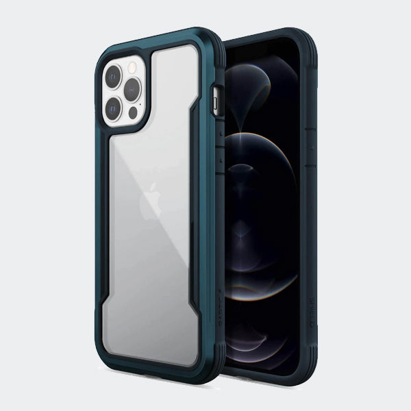 The iPhone 12 Mini Case - SHIELD by Raptic is shown in blue.