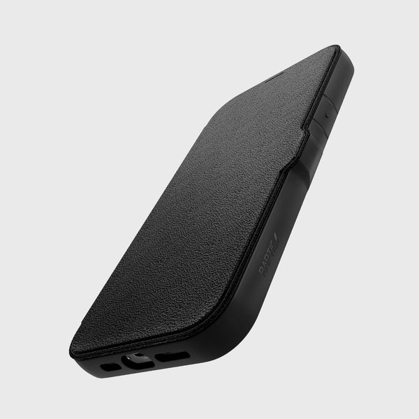 Showing an iPhone 13 inside a Raptic Urban Leather Flip case