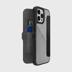 Showing the back of an iPhone 13 pro in a Raptic Urban Flip case with 3 card holders