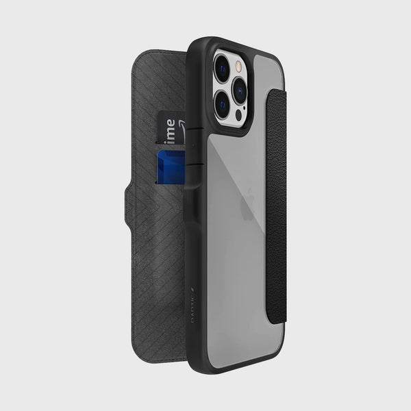Showing the back of an iPhone 13 pro in a Raptic Urban Flip case with 3 card holders