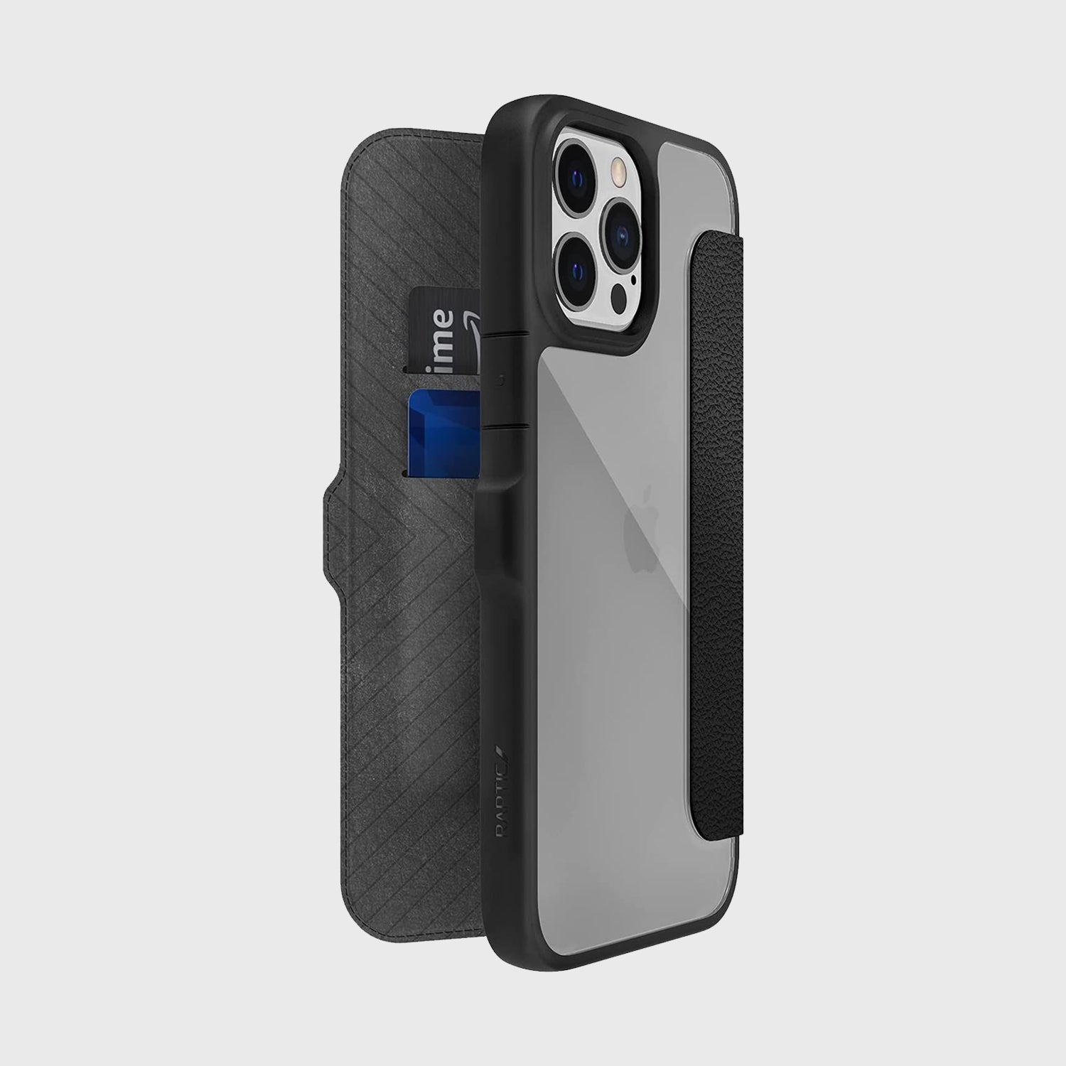 Showing the back of an iPhone 13 pro in a Raptic Urban Flip case with 3 card holders