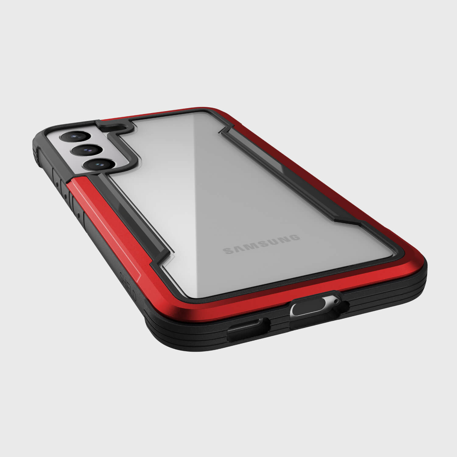 A sleek and stylish Raptic Samsung Galaxy S22 Case - SHIELD in red and black providing drop protection.