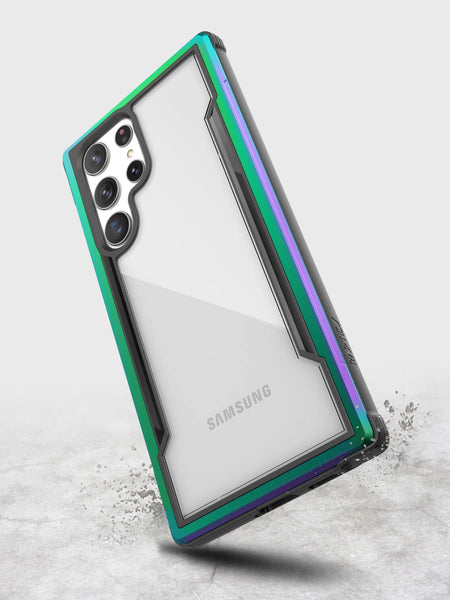 A Raptic Samsung Galaxy S22 Ultra Case - SHIELD with a rainbow colored back.