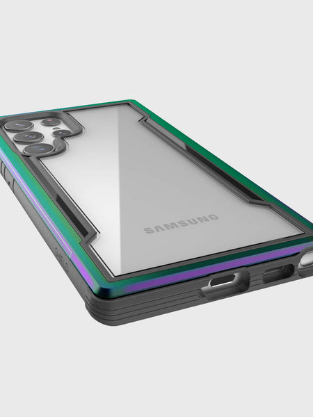 A Raptic Samsung Galaxy S22 Ultra Case - SHIELD with a rainbow colored back.