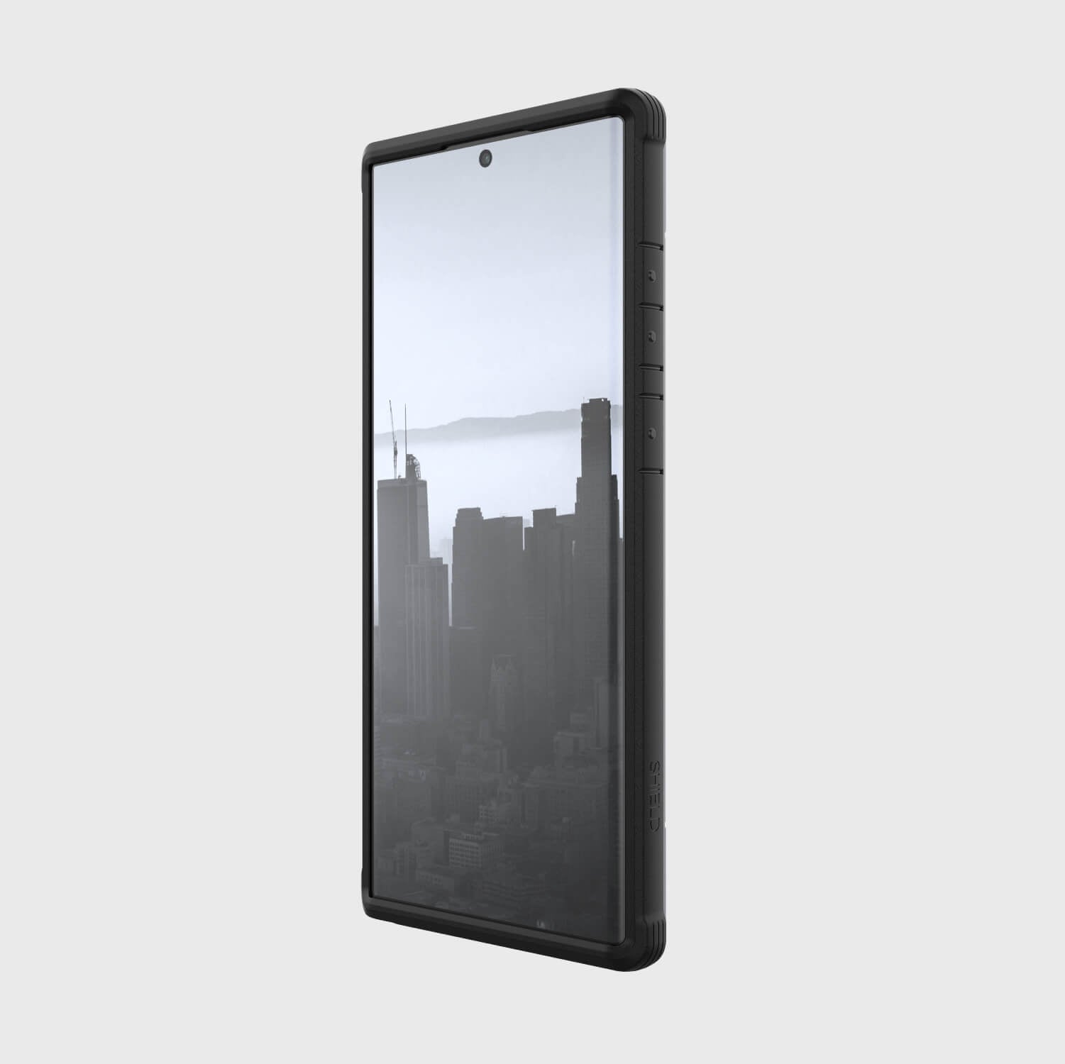 A black Raptic Samsung Galaxy S23 Ultra Case - SHIELD with a view of the city.