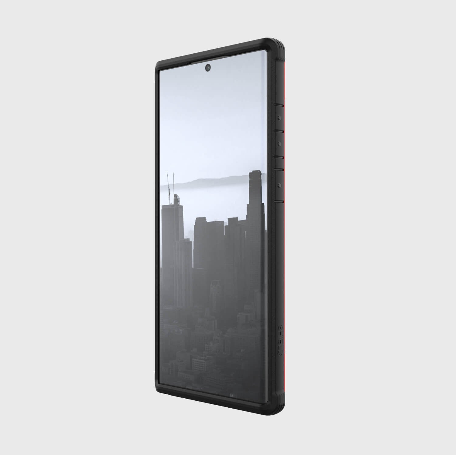 The back of a Samsung Galaxy S23 Ultra Case - SHIELD phone with a view of the city. (Brand Name: Raptic)