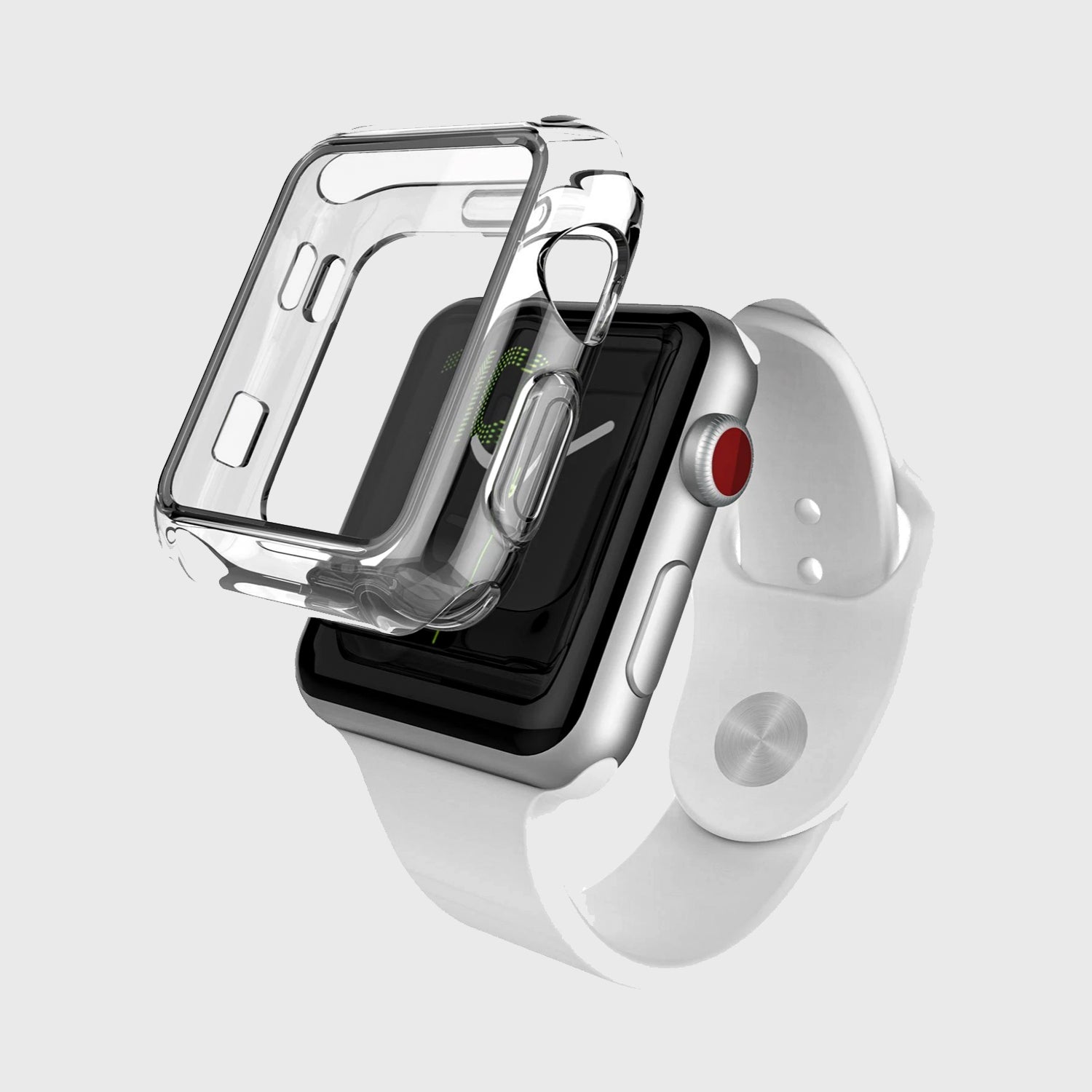 A clear X-Doria Defense 360x Bumper Case for the 44mm Apple Watch on a white background.