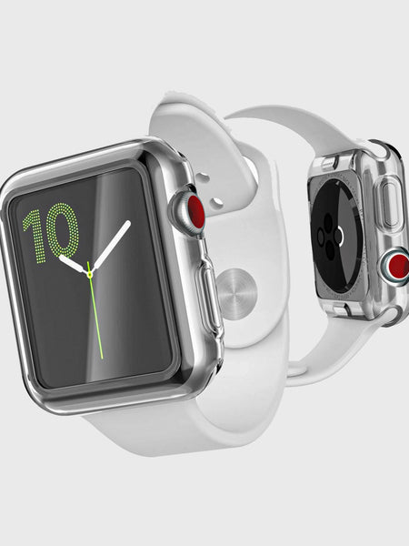 A white 40mm Apple Watch with a red watch face and X-Doria Defense 360x Bumper Case screen protector.