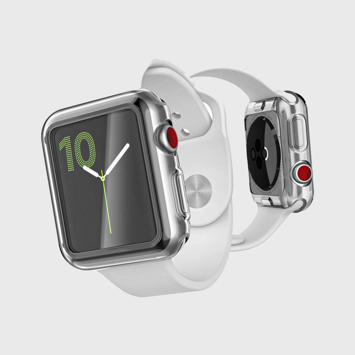 A white 40mm Apple Watch with a red watch face and X-Doria Defense 360x Bumper Case screen protector.