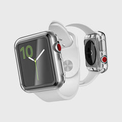 A white Raptic Apple Watch Series 9 45mm Bumper - 360x with a red watch face and a Hybrid Glass Screen Protector.