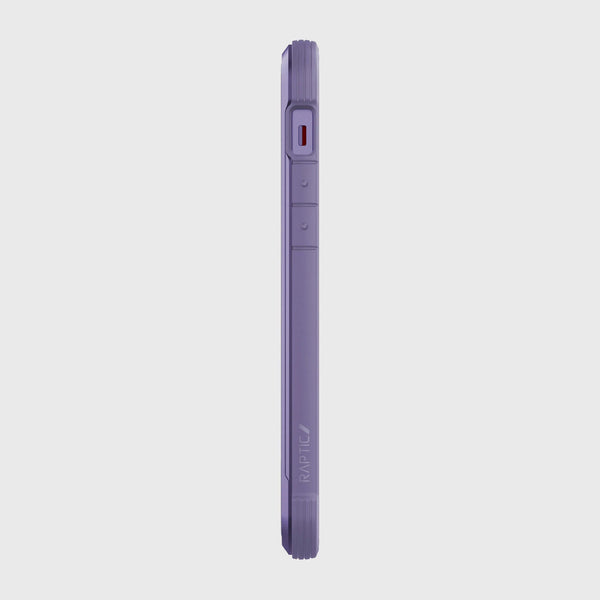 Side view of the iPhone 12 Raptic Shield case in purple by Raptic, featuring a machined aluminum bumper with visible volume and power buttons on the side.
