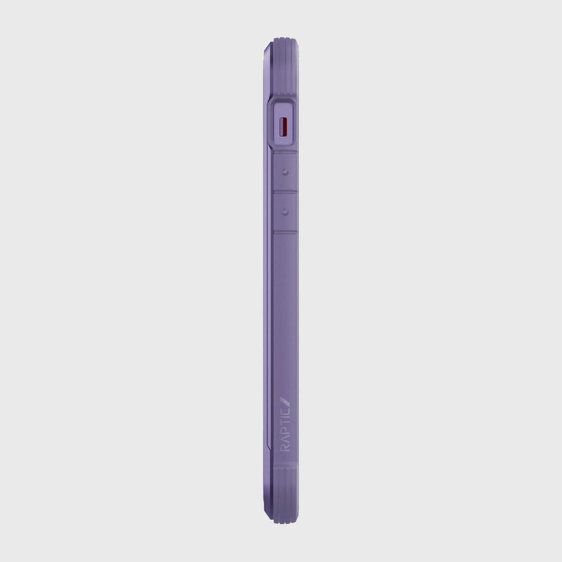 Side view of the iPhone 12 Raptic Shield case in purple by Raptic, featuring a machined aluminum bumper with visible volume and power buttons on the side.