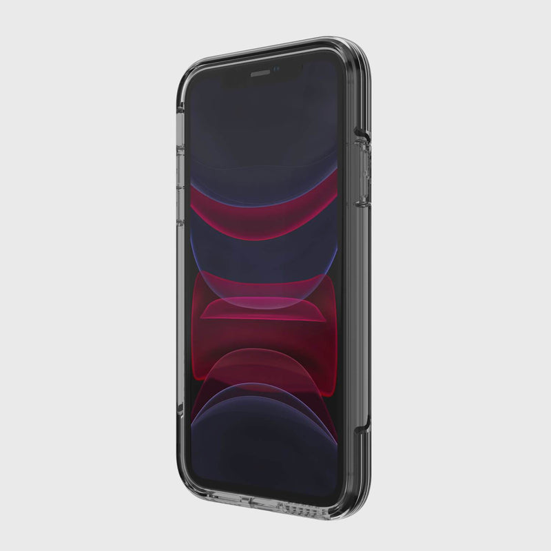 The Raptic iPhone 11 Pro Case - CLEAR features a sleek, transparent design displaying a striking red and black abstract wallpaper with the screen facing right. Its shock-absorbing technology provides superior drop protection without sacrificing style.