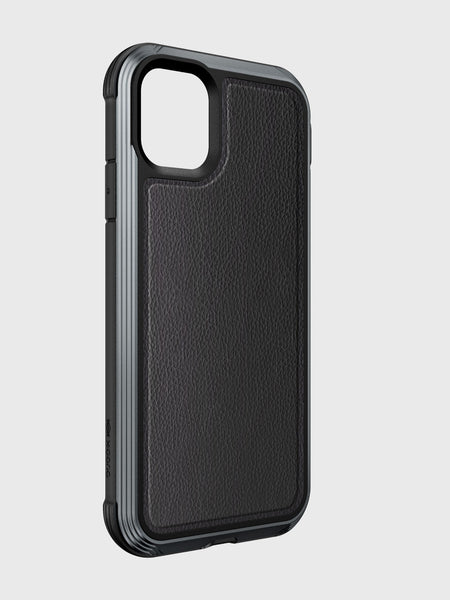 The Raptic LUX case for iPhone 11 Pro Max is crafted from impact-resistant polycarbonate with a black textured finish, protective bumper, and camera lens cutout. Compatible with wireless charging, it's displayed against a plain background.