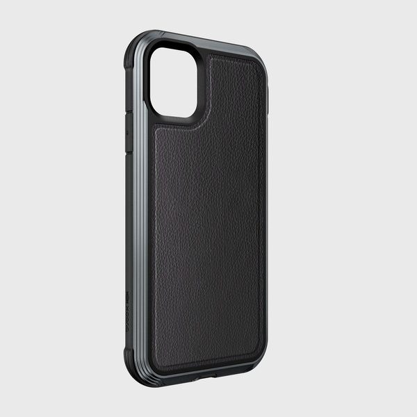 The Raptic LUX case for iPhone 11 Pro Max is crafted from impact-resistant polycarbonate with a black textured finish, protective bumper, and camera lens cutout. Compatible with wireless charging, it's displayed against a plain background.