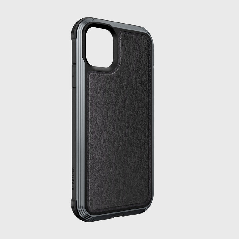 The Raptic LUX case for iPhone 11 Pro Max is crafted from impact-resistant polycarbonate with a black textured finish, protective bumper, and camera lens cutout. Compatible with wireless charging, it's displayed against a plain background.