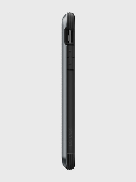 Side view of a black Raptic iPhone 11 Pro Max Case - LUX with ridged edges, made from impact-resistant polycarbonate, featuring a side button and slot.