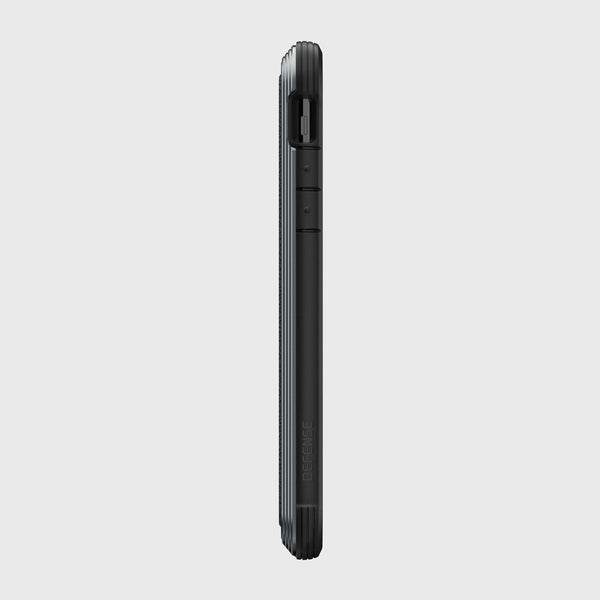 Side view of a black Raptic iPhone 11 Pro Max Case - LUX with ridged edges, made from impact-resistant polycarbonate, featuring a side button and slot.