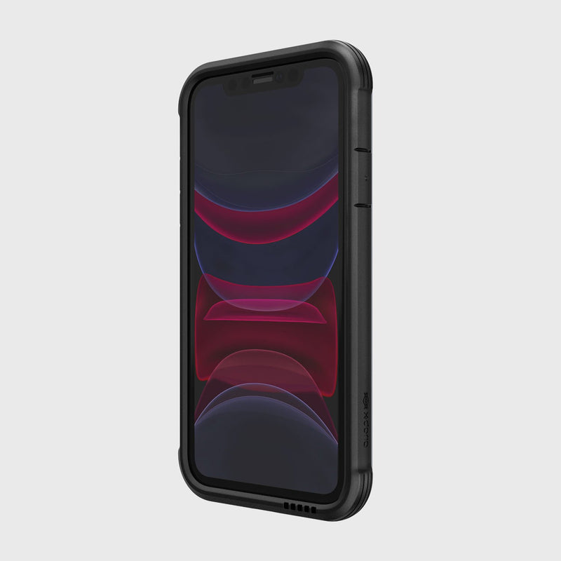 A black smartphone with a dark, abstract wallpaper is showcased in a Raptic LUX iPhone 11 Pro Max Case made from impact-resistant polycarbonate against a light gray background.