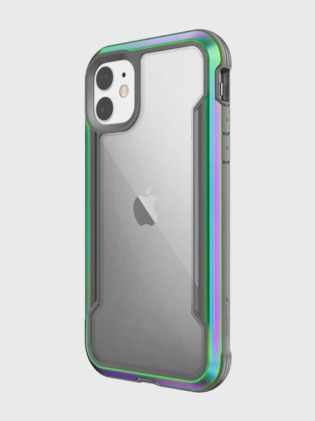 The Raptic SHIELD iPhone 11 Case is a clear protective case with a durable aluminum alloy border in metallic green and purple. It provides robust protection while remaining compatible with wireless charging.