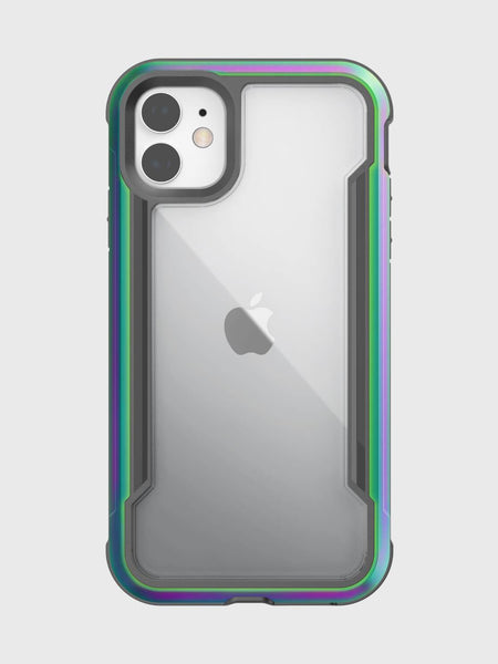 The Raptic iPhone 11 Case - SHIELD features a transparent cover with green and purple accents, dual camera setup support, and wireless charging compatibility for seamless protection and power on the go.