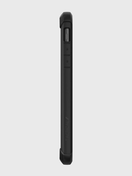 Side view of the Raptic iPhone 11 Case - TACTICAL with reinforced corners and button cutouts, featuring a shock-absorbing rubber exterior. Designed to meet MIL-STD-810G standards, it's set against a plain white background.