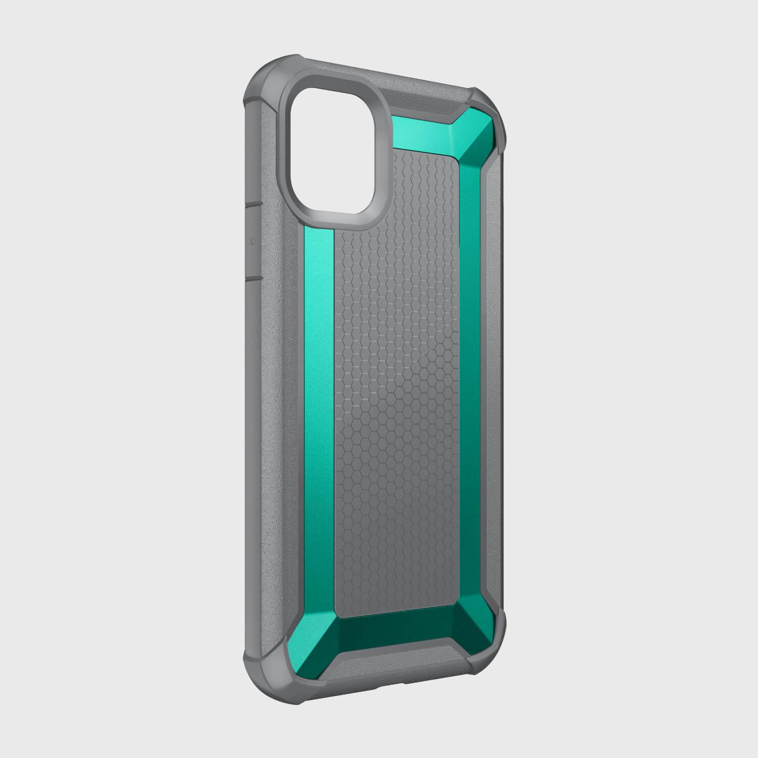 The grey and teal Raptic Tactical protective iPhone 11 Pro Max Case - TACTICAL showcases a shock-absorbing rubber exterior, meeting Military Standard MIL-STD-810G.