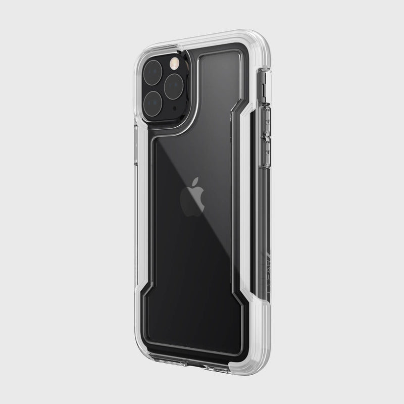 The Raptic iPhone 11 Pro Case - CLEAR highlights the triple camera setup on a black phone with its sleek, shock-absorbing design. It supports wireless charging, making it ideal for tech enthusiasts who want protection and convenience.