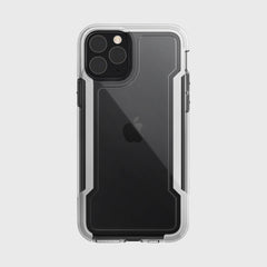 The Raptic iPhone 11 Pro Case - CLEAR highlights the phone's camera module and classic Apple logo on a black iPhone 11 Pro, set against a white background. It's shock-absorbing and wireless charging compatible for convenience.