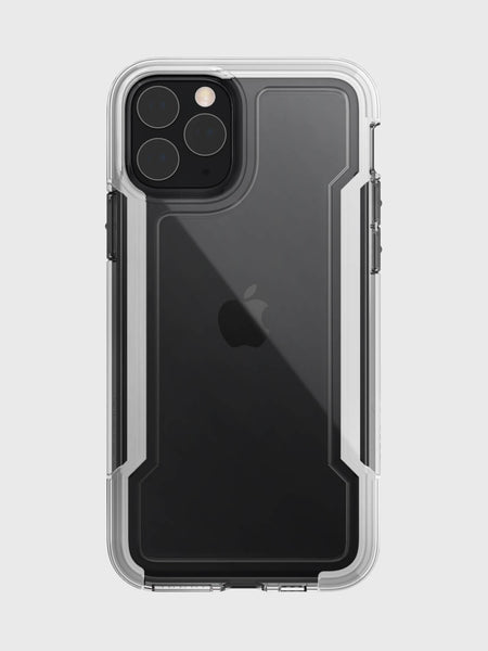 The Raptic iPhone 11 Pro Case - CLEAR highlights the phone's camera module and classic Apple logo on a black iPhone 11 Pro, set against a white background. It's shock-absorbing and wireless charging compatible for convenience.