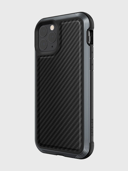 The Raptic LUX case for iPhone 11 Pro Max boasts a sleek carbon fiber-textured black design, impact-resistant polycarbonate construction, and wireless charging support, seamlessly integrating the dual camera for ultimate style and functionality.