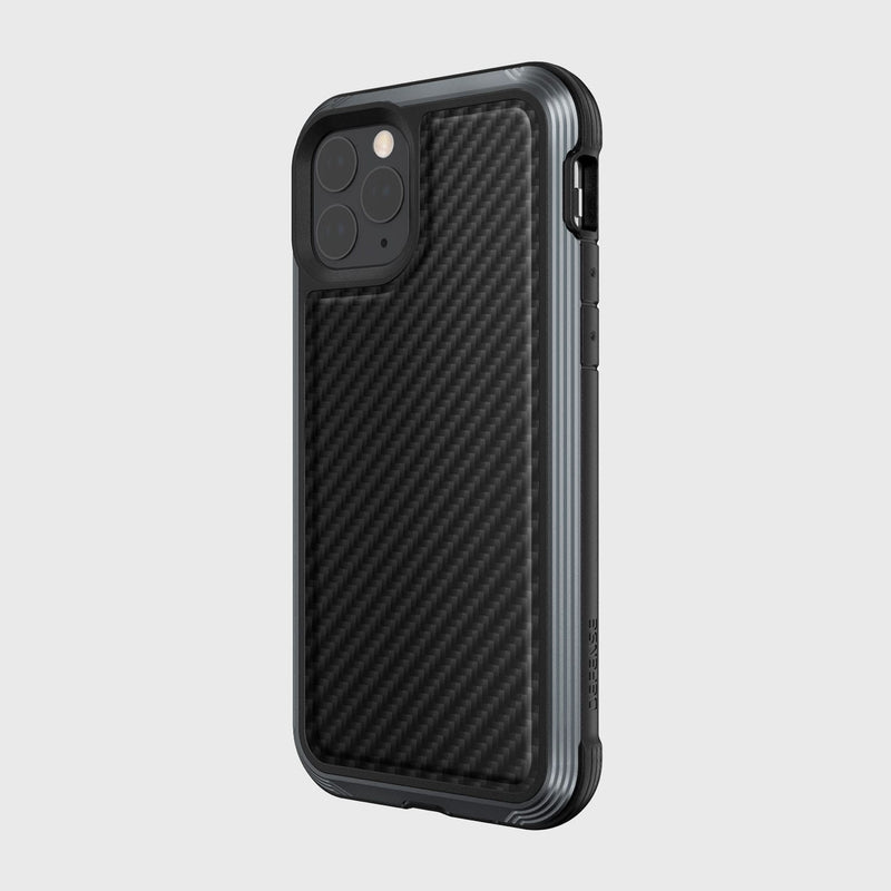 The Raptic LUX case for iPhone 11 Pro Max boasts a sleek carbon fiber-textured black design, impact-resistant polycarbonate construction, and wireless charging support, seamlessly integrating the dual camera for ultimate style and functionality.