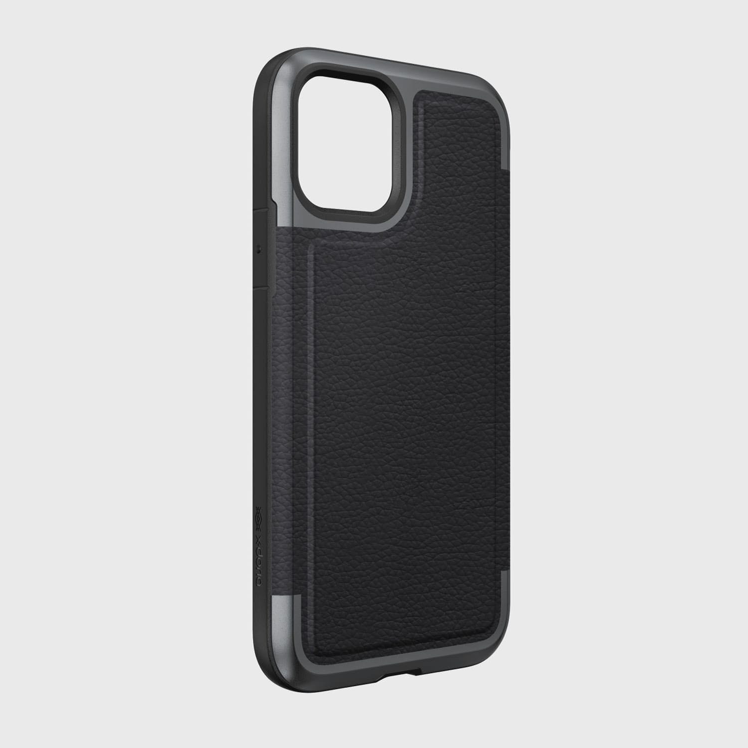 A protective black leather case for the iPhone 11 Pro providing drop protection, the Raptic PRIME.