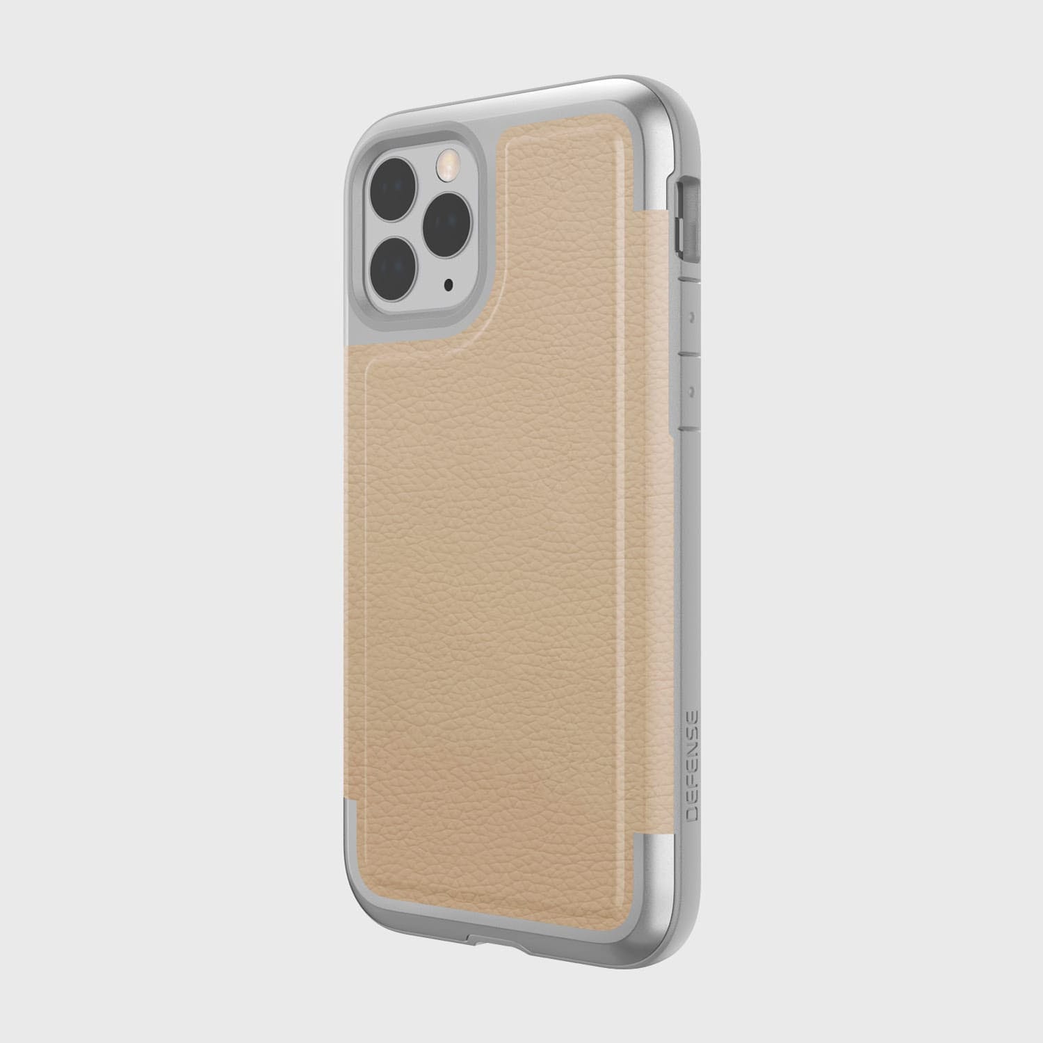 A protective beige leather Raptic case for the iPhone 11 Pro.