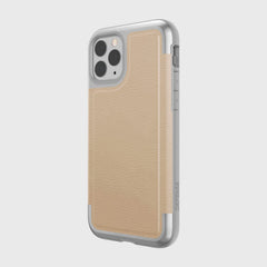 A beige leather protective case for the iPhone 11 pro that offers drop protection, the Raptic iPhone 11 Case - PRIME.