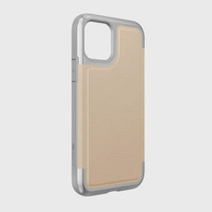 A beige leather protective case for the iPhone 11 pro with drop protection, the iPhone 11 Case - PRIME by Raptic.