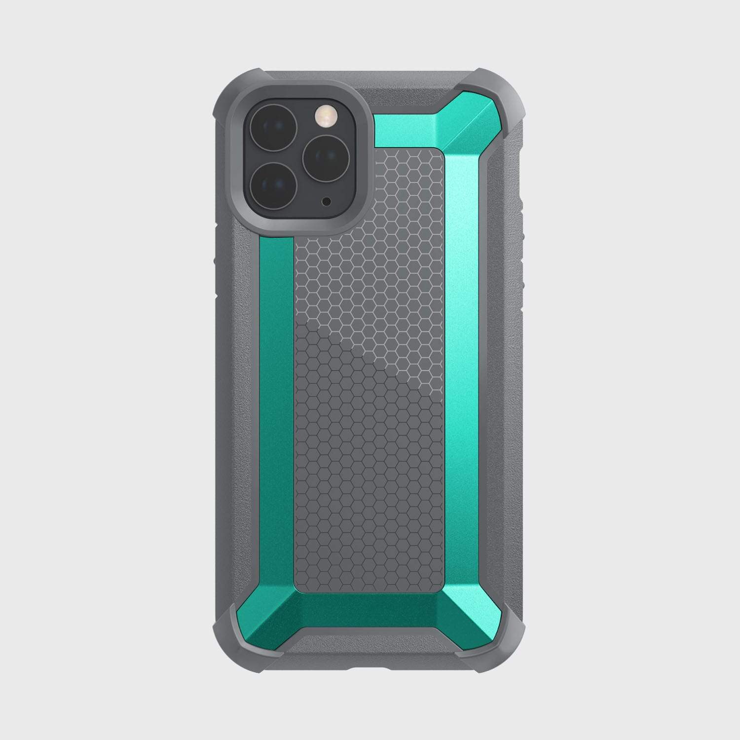 The protective iPhone 11 Pro case in grey and teal is shock-absorbing. 
The protective iPhone 11 Pro case - TACTICAL in grey and teal is shock-absorbing by Raptic.