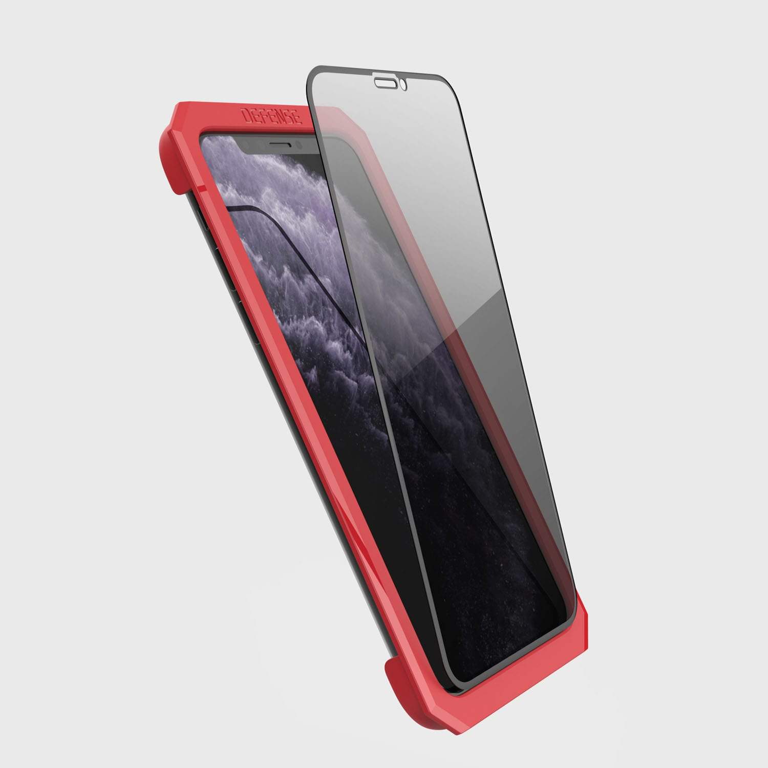 A red iPhone 13 case with a PRIVACY screen protector made of 9H tempered glass, manufactured by Raptic.
