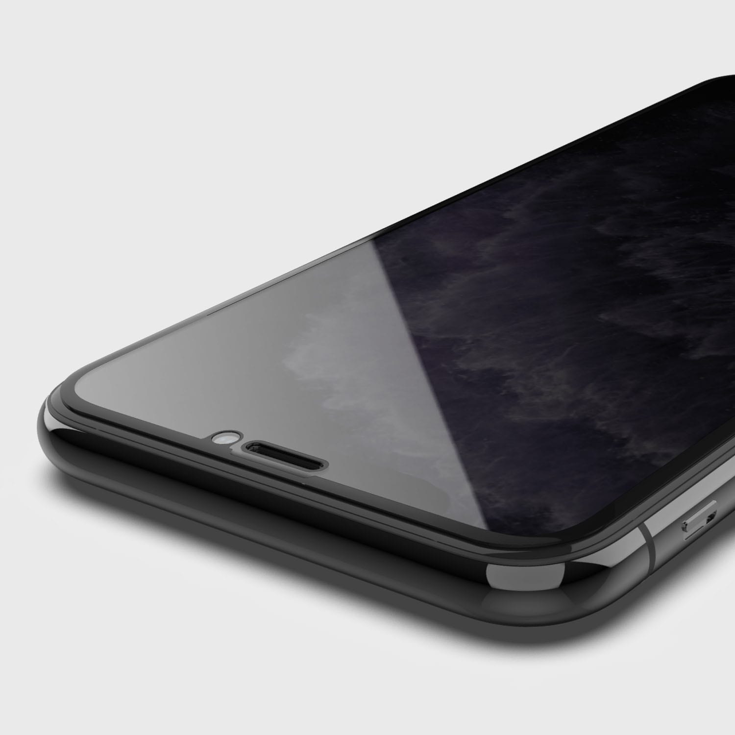 The back view of an iPhone 11 with a black screen is enhanced with a thin protective layer, ensuring iPhone screen protection through Raptic's iPhone 13 Pro Screen Protector - PRIVACY, made of 9H tempered glass.