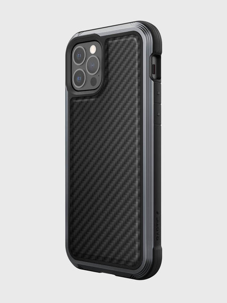 Showing an iPhone 12 Pro Max in a Black carbon Raptic Lux case