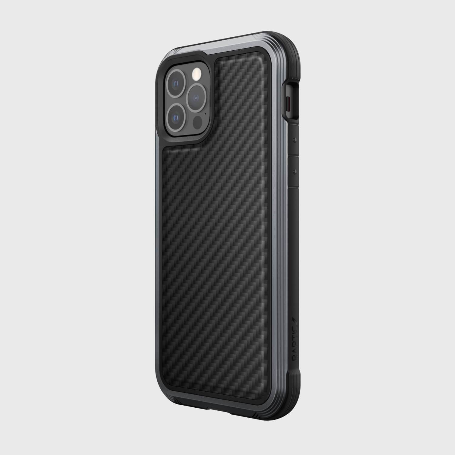 Showing an iPhone 12 Pro Max in a Black carbon Raptic Lux case