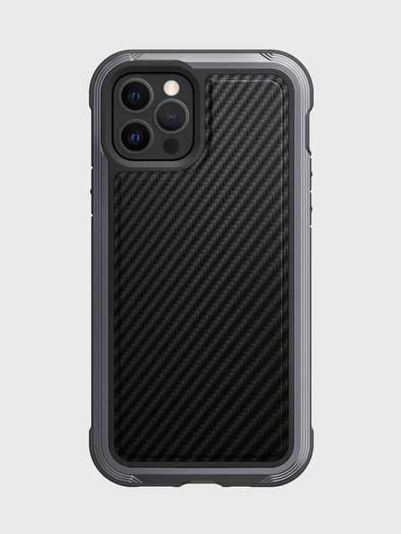 A smartphone in a rugged, black carbon fiber case with gray edges is shown against a plain background. The Raptic iPhone 12 Pro Max Case - LUX provides exceptional drop protection for your iPhone 12 Pro Max.