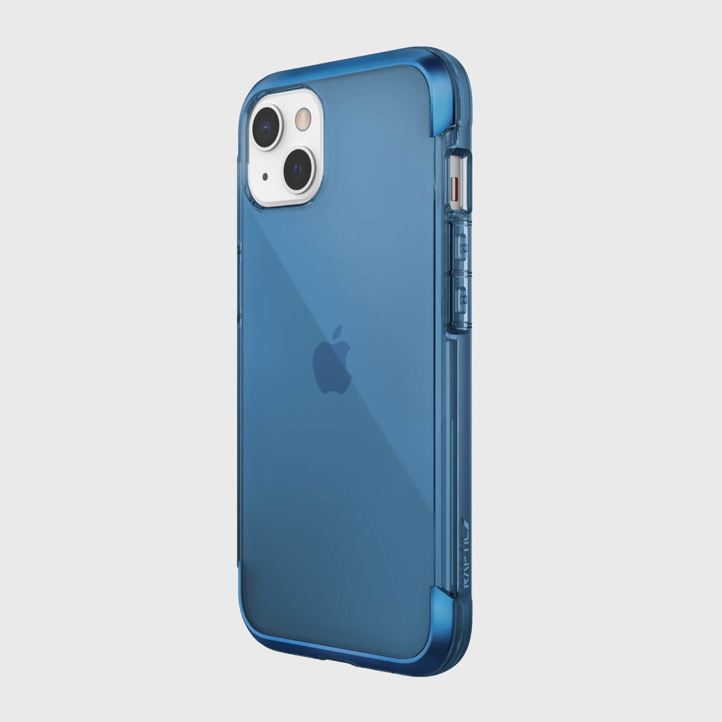 The drop-proof back of an iPhone 13 Case - AIR by Raptic in blue, providing wireless charging compatibility and 13-foot drop protection.