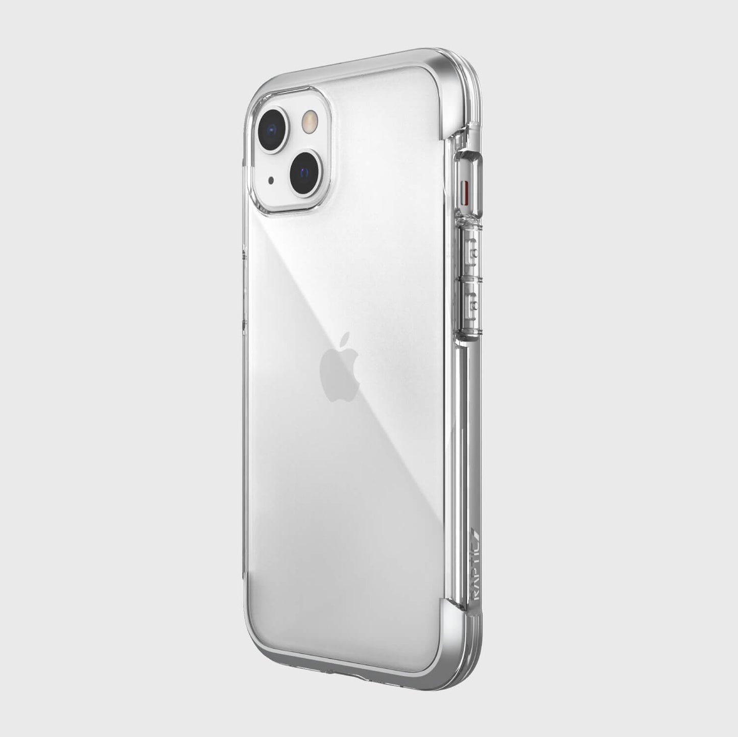 The drop-proof back view of an iPhone 13 Case - AIR on a white background, offering 13-foot drop protection and wireless charging compatibility, by Raptic.