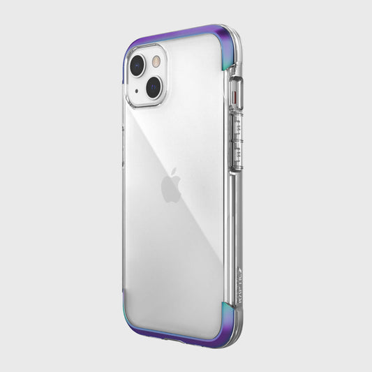 The back view of a Raptic Air iPhone 13 Case with purple and blue accents, offering 13 foot drop protection and wireless charging compatibility.
